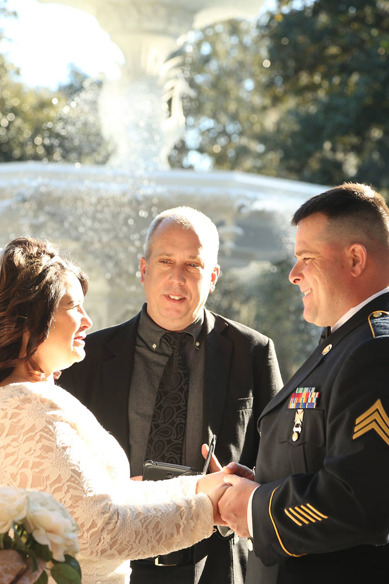 Elopement ceremony at Forsyth Park Fountain for a military groom