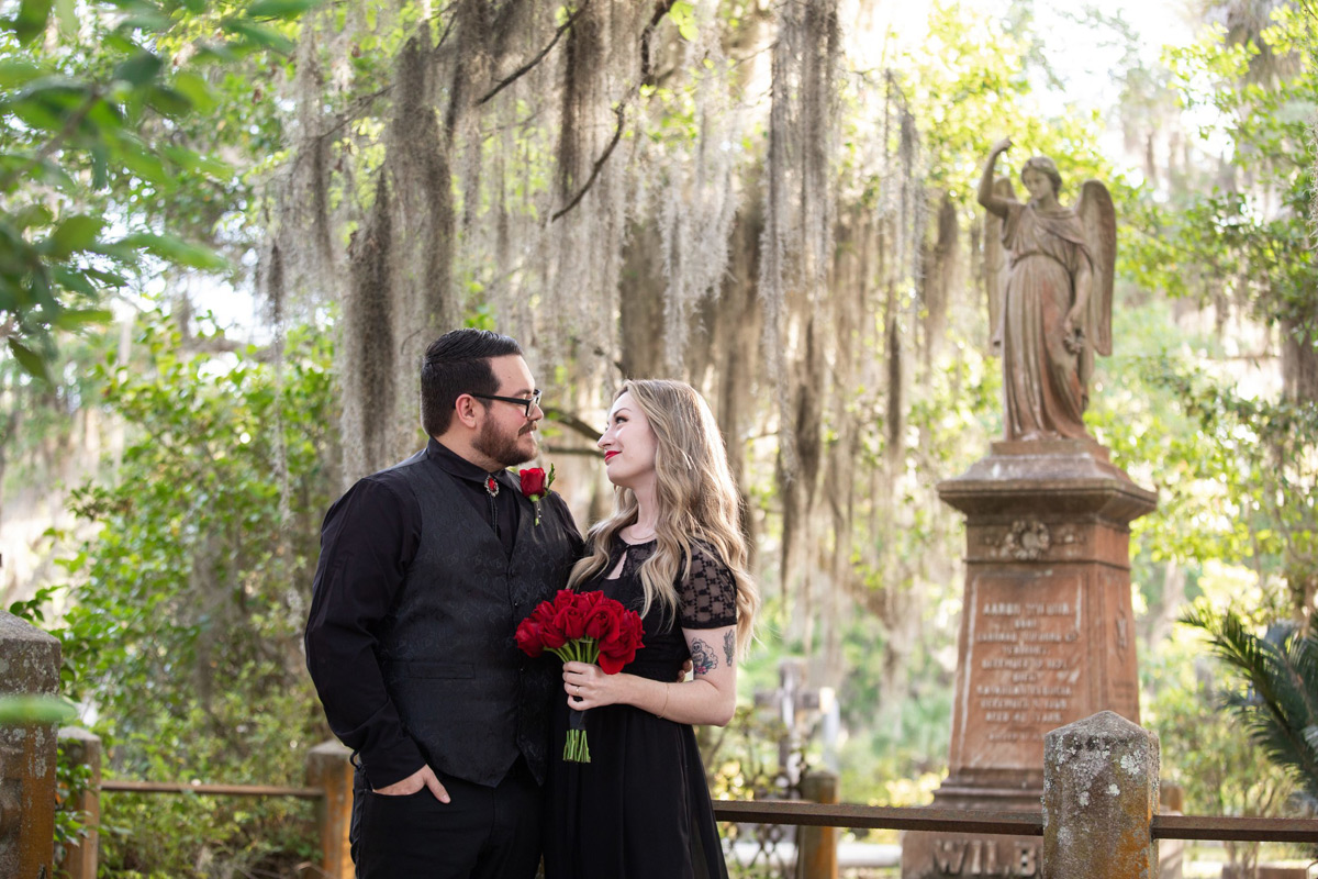 Bonaventure Cemetery is the perfect place for black formalwear and red roses for your gothy elopement