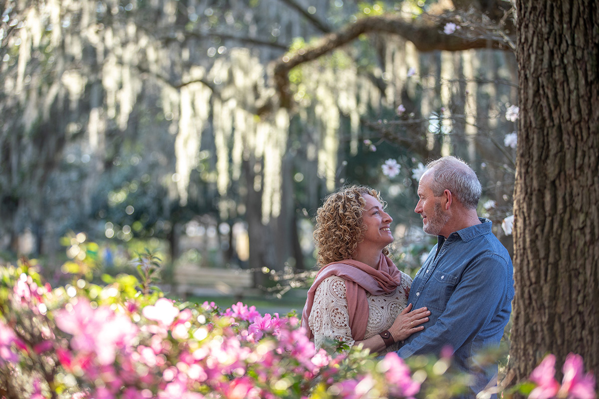 Spring elopement in Forsyth Park with azaleas and spanish moss.