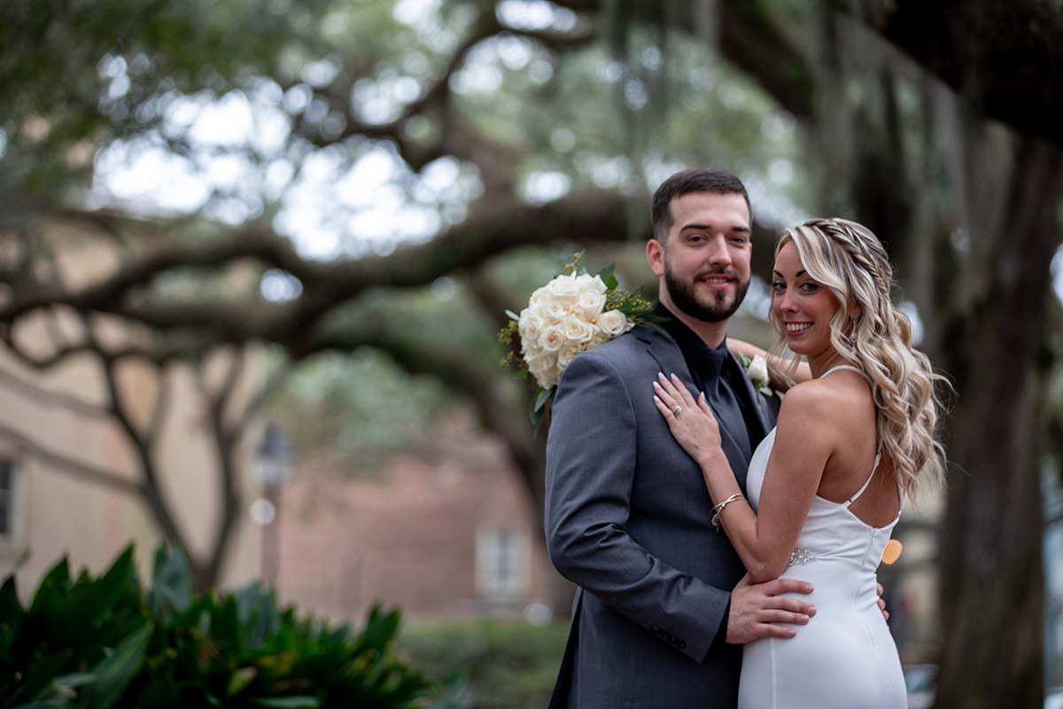 Couple in Chatham Square for their Savannah elopement