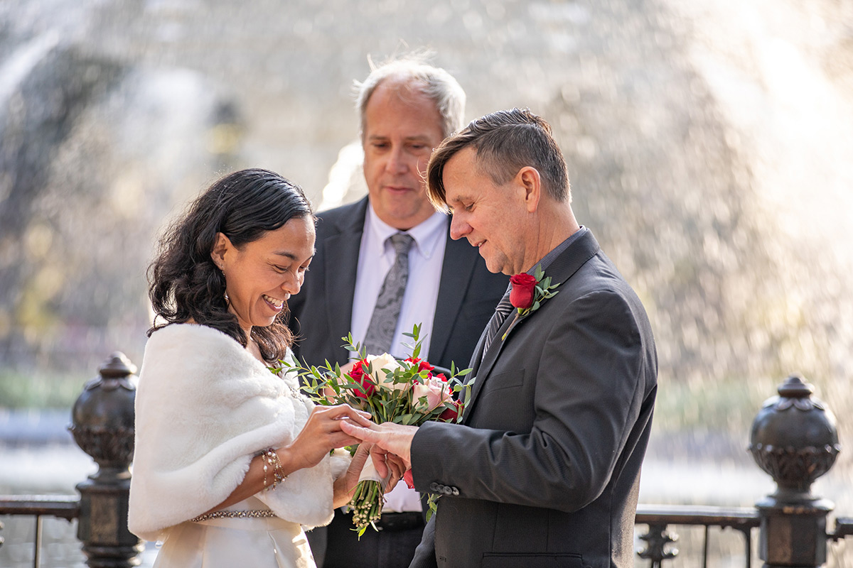 Asian and american couple married at the fountain in Forsyth Park